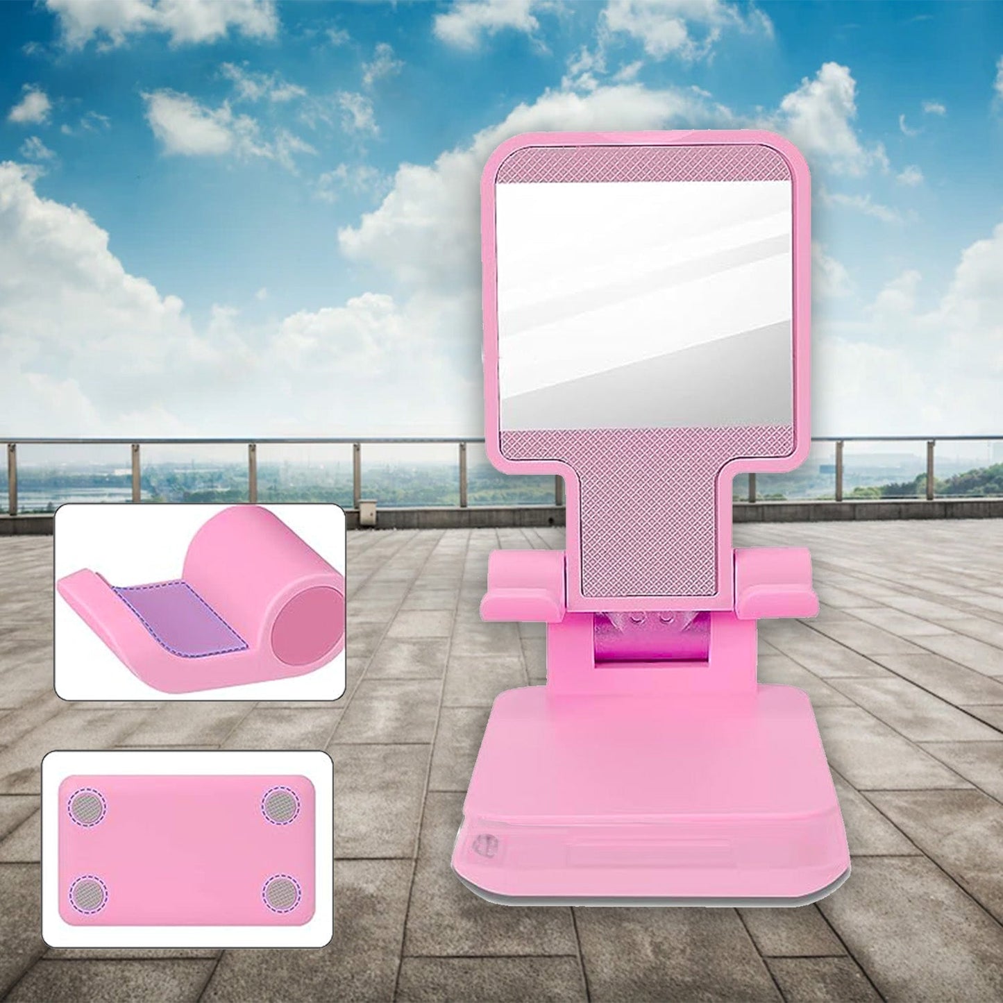 A DESKTOP CELL PHONE STAND PHONE HOLDER WITH MIRROR FULL 3-WAY ADJUSTABLE PHONE STAND FOR DESK HEIGHT + ANGLES PERFECT AS DESK ORGANIZERS AND ACCESSORIES