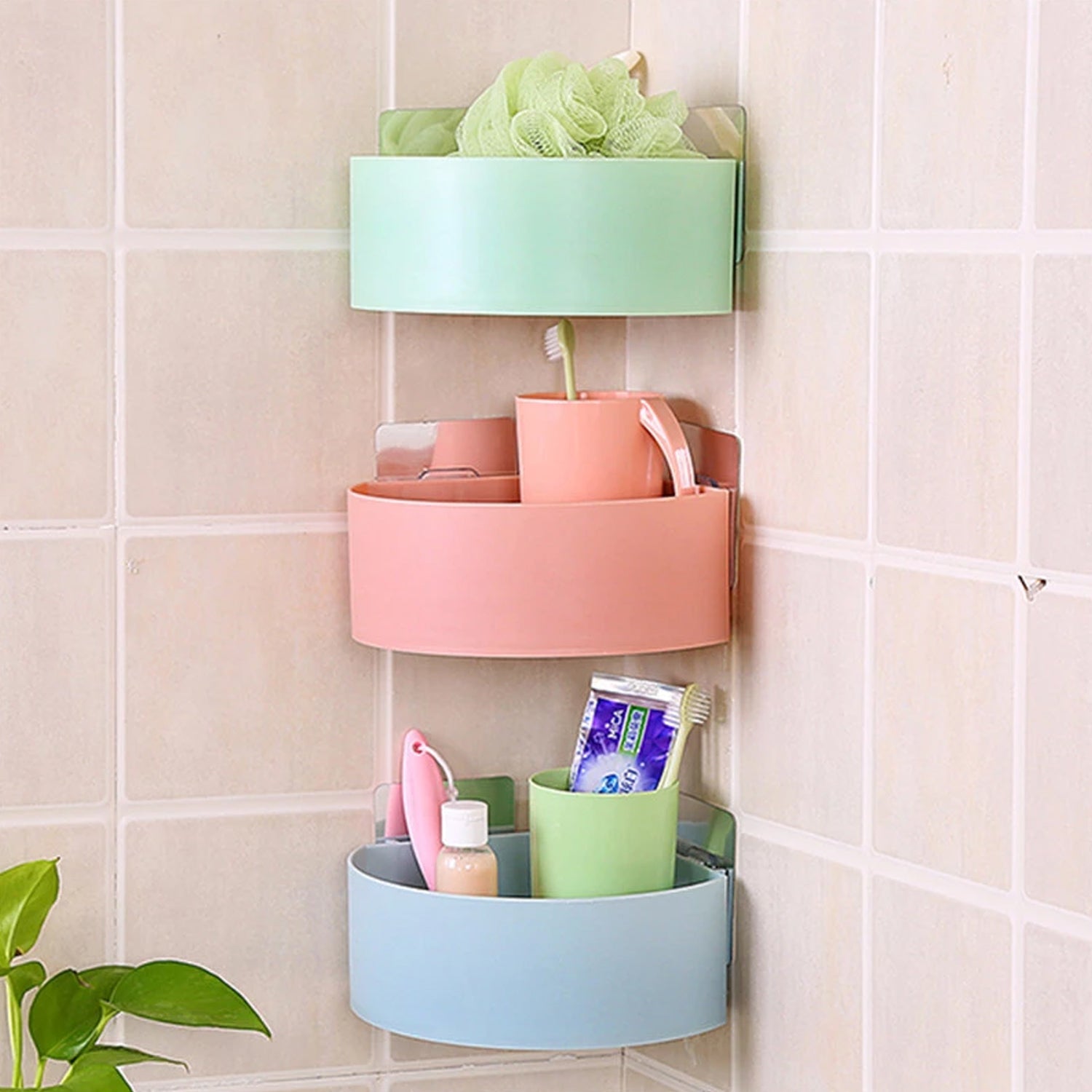 4033 Corner Shelf Bathroom Kitchen Rack Self Adhesive Shower Caddy Plastic Triangle Wall Mount Storage Basket 