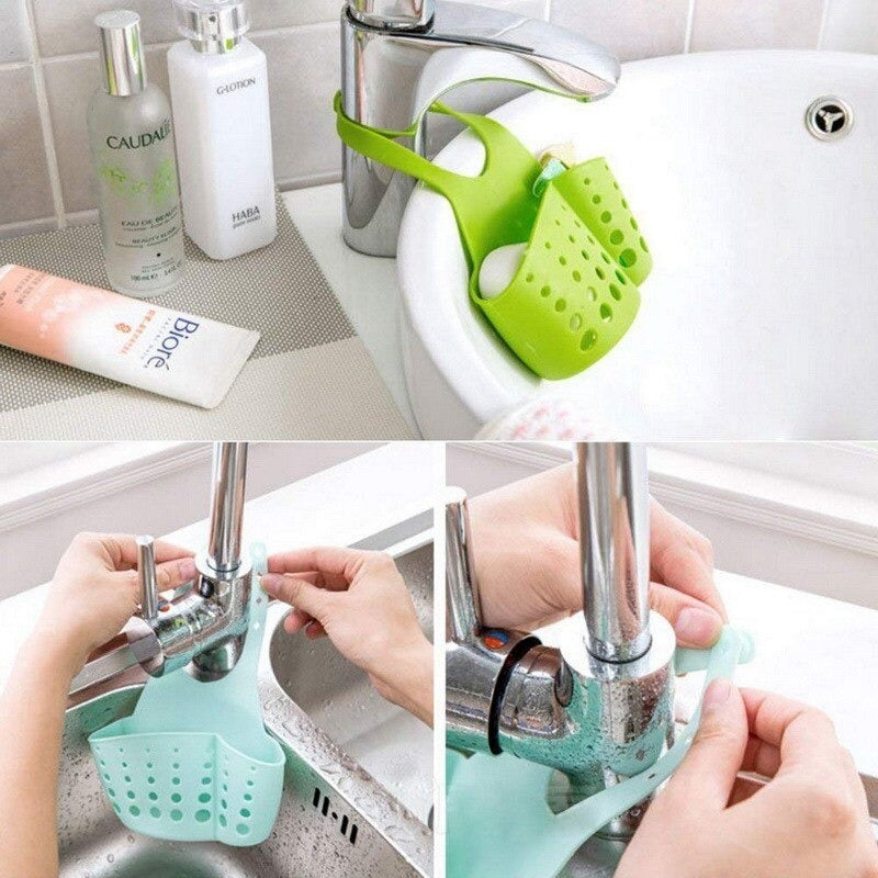 762 Adjustable Kitchen Bathroom Water Drainage Plastic Basket/Bag with Faucet Sink Caddy 