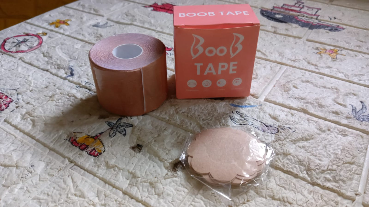 Boob Tape with 10 Pairs Nipple Cover Cotton Wide Thin Breast Tape - Women's & Girl's Breast Lift Booby Tape - Push Up & Lifting Tape - Suitable for All Breast Types - Breast Lift Bra Tape - Bob Tape for Natural Breast Lift (1 Pc 5 Meters)