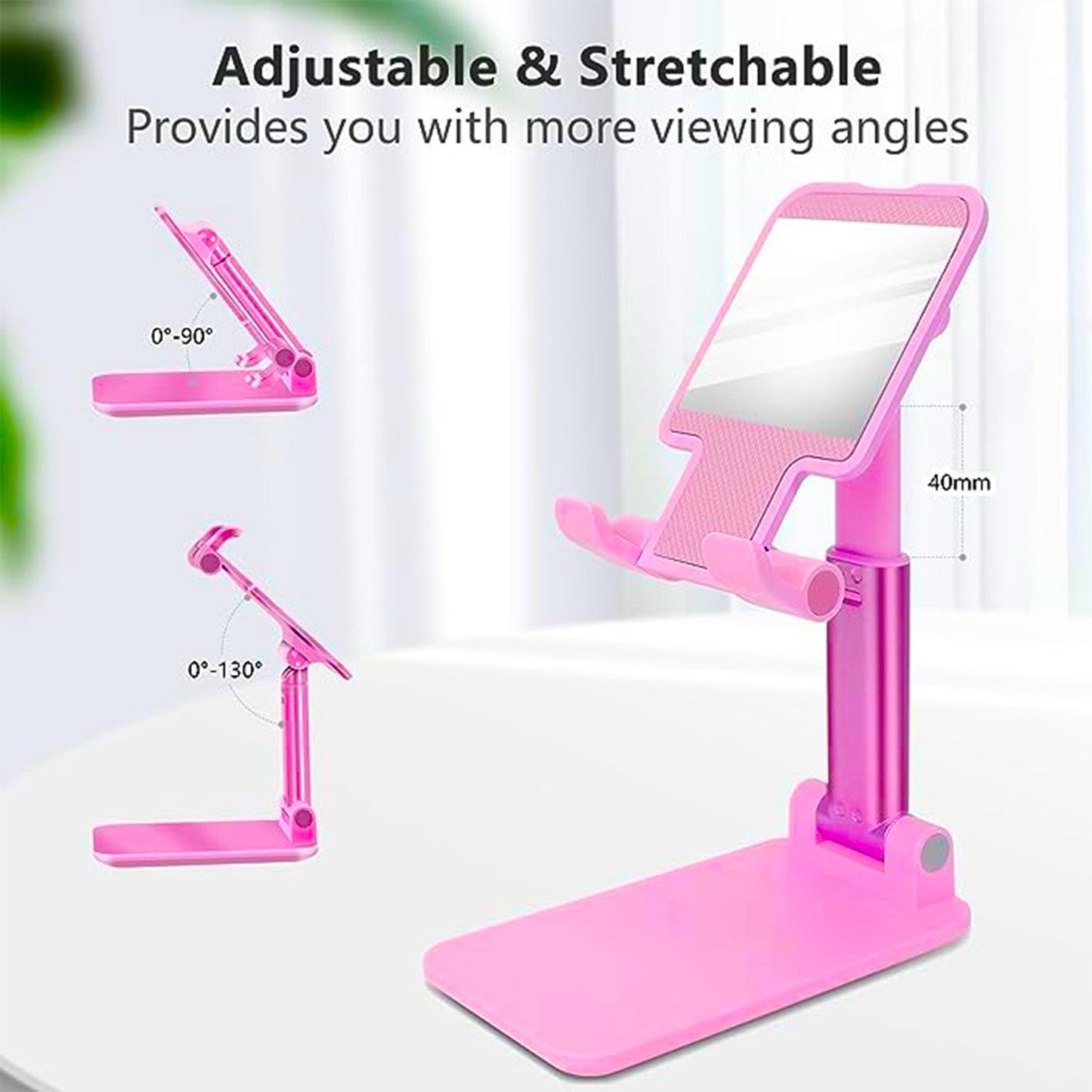 A DESKTOP CELL PHONE STAND PHONE HOLDER WITH MIRROR FULL 3-WAY ADJUSTABLE PHONE STAND FOR DESK HEIGHT + ANGLES PERFECT AS DESK ORGANIZERS AND ACCESSORIES