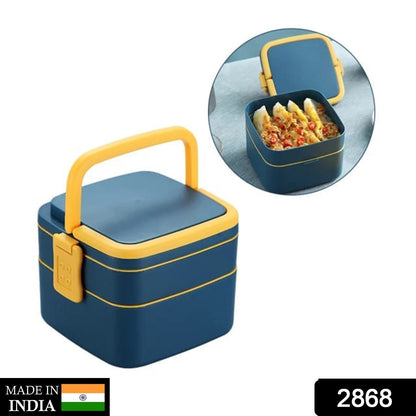 BLUE DOUBLE-LAYER PORTABLE LUNCH BOX STACKABLE WITH CARRYING HANDLE AND SPOON LUNCH BOX , Bento Lunch Box