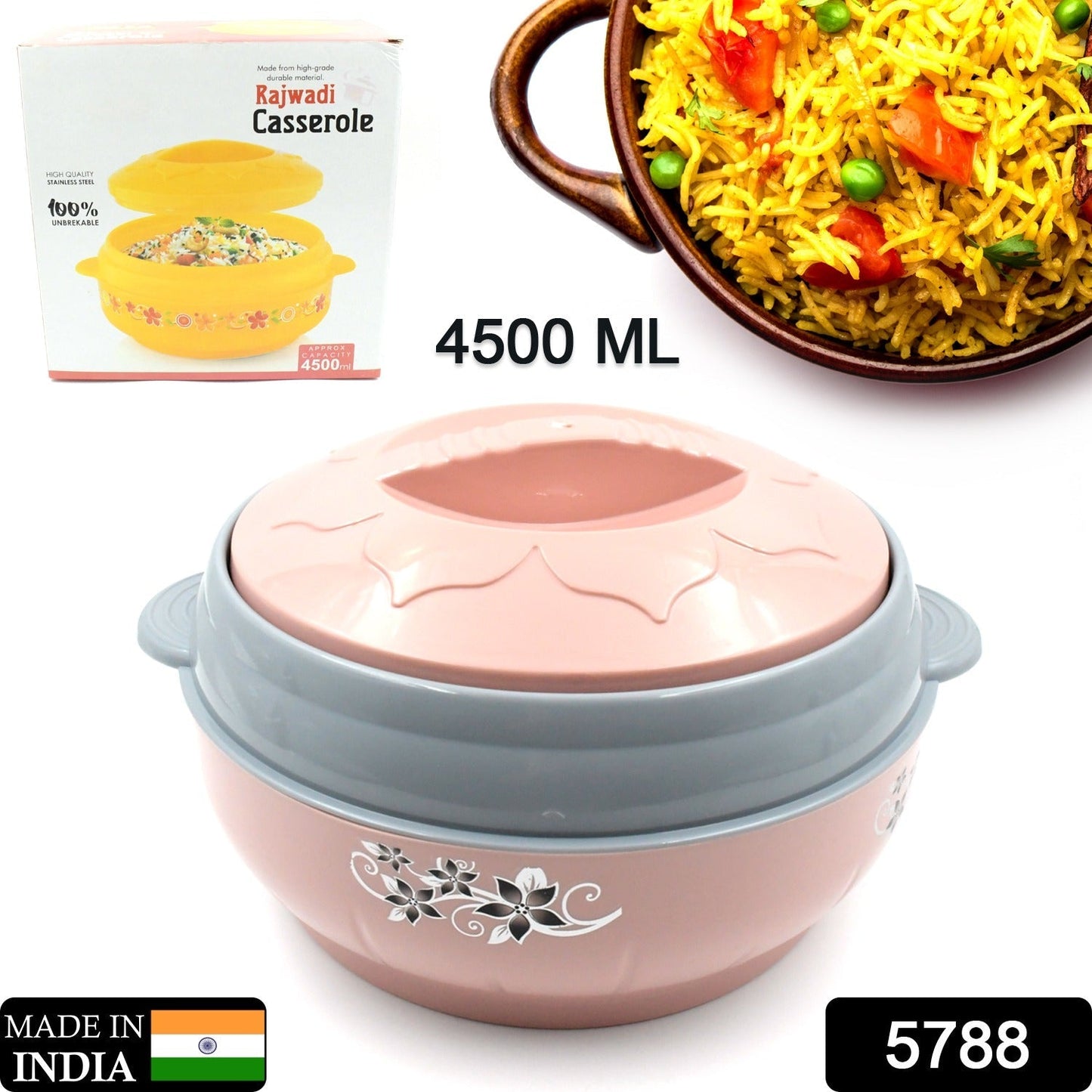 High Quality Steel Casserole Box for Food Searving Inner Steel Insulated Casserole Hot Pot Flowers Printed Chapati Box for Roti Kitchen (Approx 4500 ml)