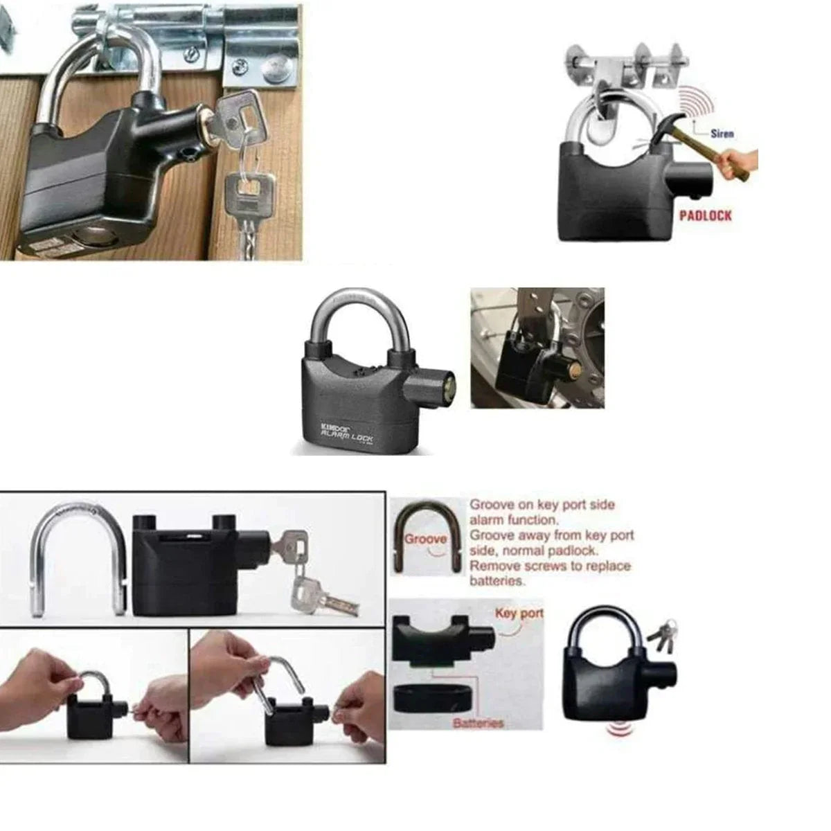 a Security Alarm Lock System | Waterproof Black Anti-theft Siren 110dba alarm anti Padlock FoR Bike | Door Window | Battery  padlock