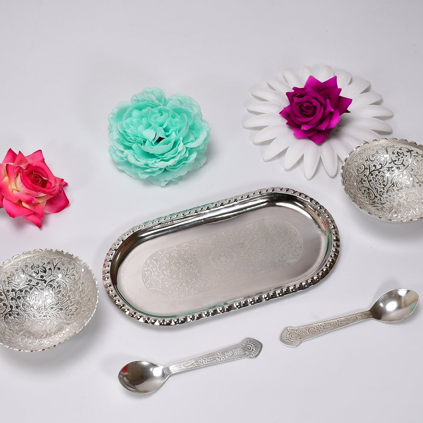 2947A Silver Plated 2 Bowl 2 Spoon Tray Set Brass with Red Velvet Gift Box Serving Dry Fruits Desserts Gift, Bartan 