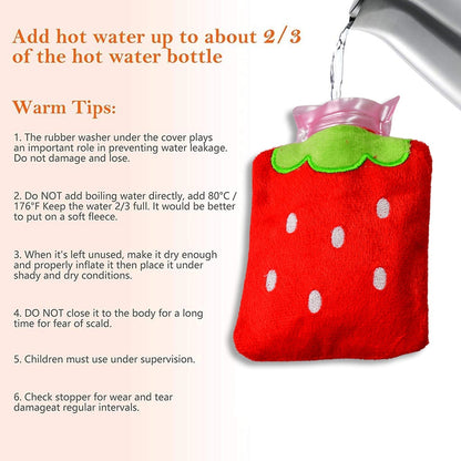 Strawberry small Hot Water Bag with Cover for Pain Relief, Neck, Shoulder Pain and Hand, Feet Warmer, Menstrual Cramps.