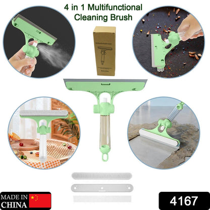 4 in 1 Multifunctional Glass Scraper, Window Glass Wiper with Watering Can, Silicon Cleaning Squeegee with Two Brush Heads, Practical Squeegee for Shower Doors, Windows, Tiles and Car Glass