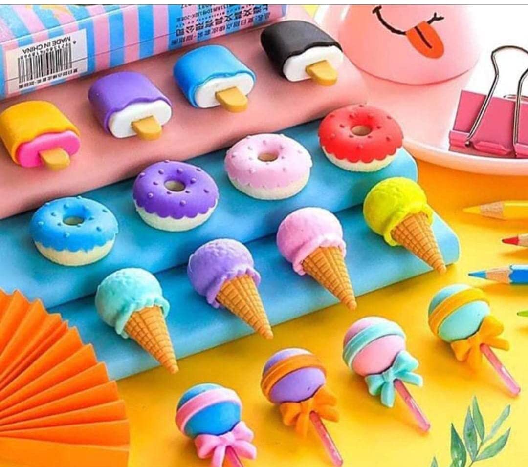 Cone/Donut/ Lolipop/ Ice cream /Eraser for Girls & Boys /Eraser for School B'Day Return Gift Party Doughnut Lollipop Ice Cream Theme Shape Erasers Pencils Set for Kids Educational Stationary kit, School Supplies (1 Set 4 Pc)