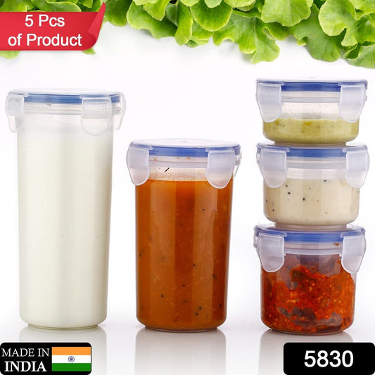 Plastic Liquid Round Airtight Food Storage Container with Leak Proof Locking Lid BPA Free Container for Kitchen, 5 Pcs Set (Transparent,  ( Approx Capacity 110 ml,160 ml,210 ml,400 ml,500 ml)