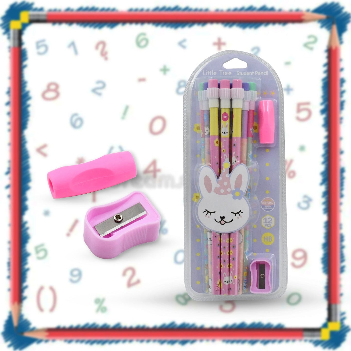 Cute Rabbit Bear Drawing Graphite Writing Pencil Set with Pencil Sharpener & Eraser, Pencil and Eraser Set with Eraser for Kids, for Girls, Fancy School Stationary, Birthday Party Return Gift (14 Pc Set)