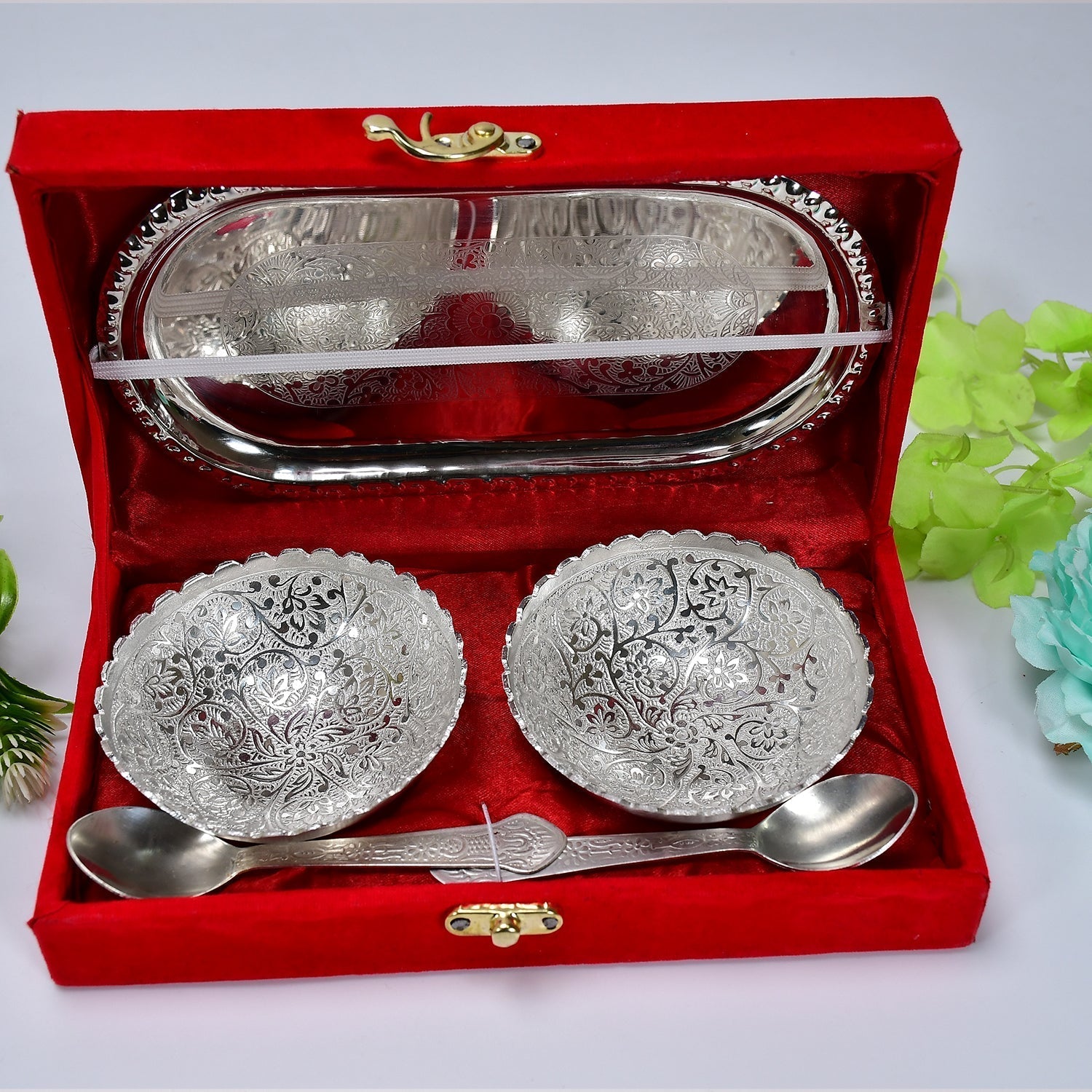 2947A Silver Plated 2 Bowl 2 Spoon Tray Set Brass with Red Velvet Gift Box Serving Dry Fruits Desserts Gift, Bartan 