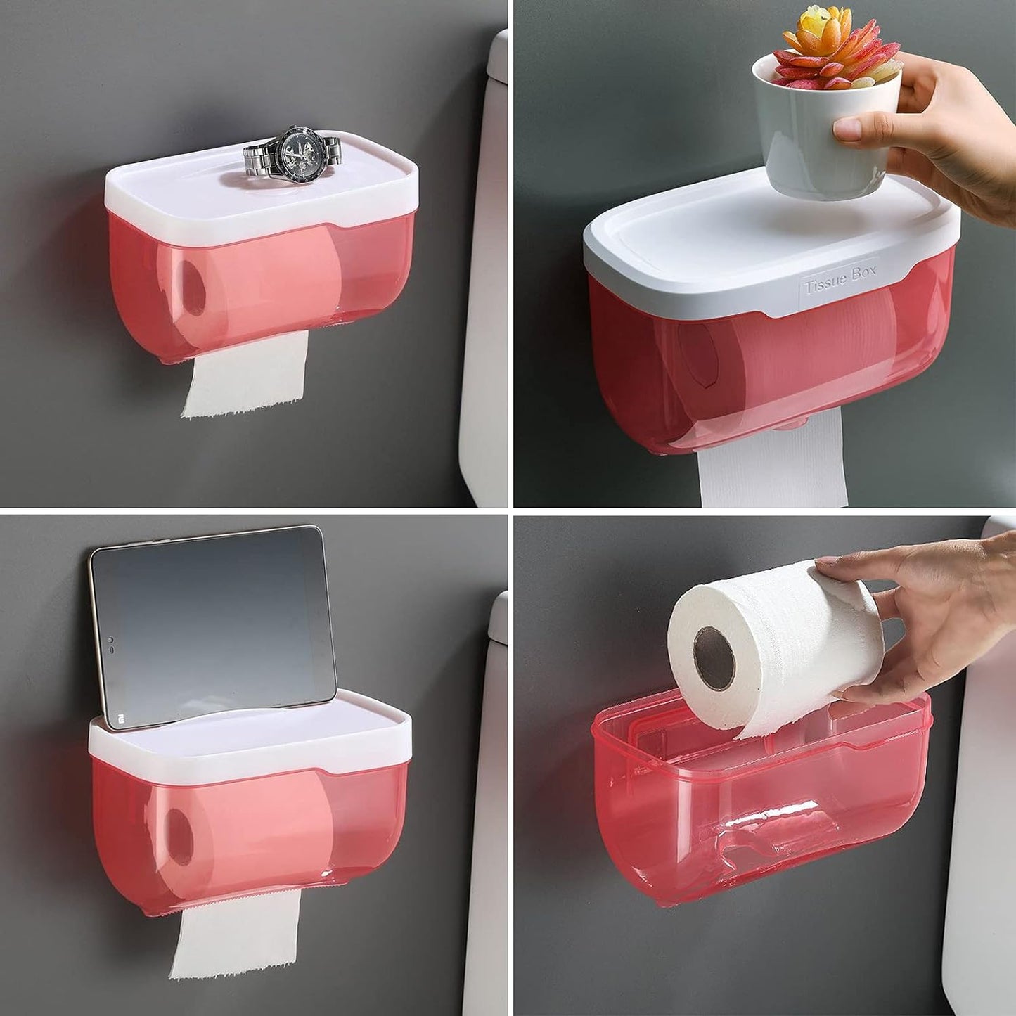 Multifunction 2-in-1 Bathroom Tissue Box Paper Phone Tablet Holder with Hook Self Adhesive Punch-Free, Wall Mounted Waterproof Bathroom Roll Holder (1 Pc)