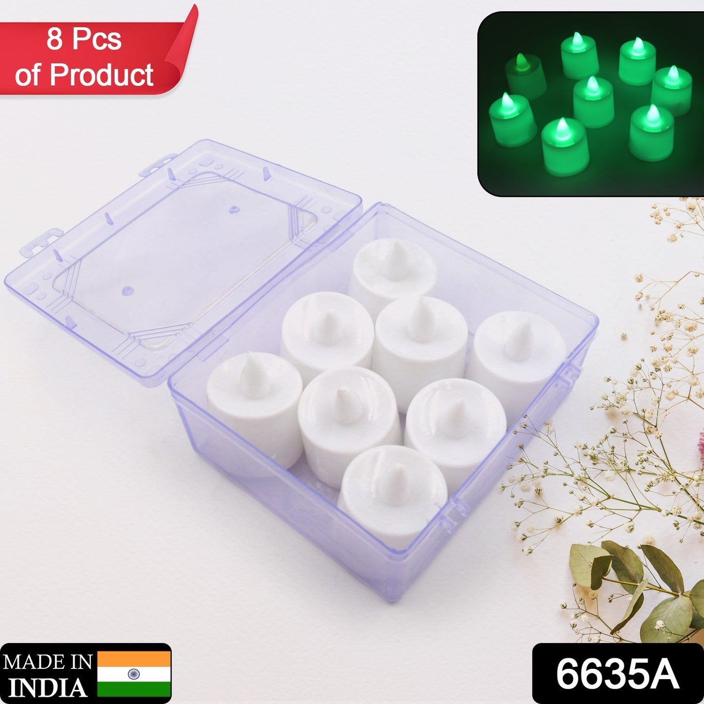 a GREEN FLAMELESS LED TEALIGHTS, SMOKELESS PLASTIC DECORATIVE CANDLES - LED TEA LIGHT CANDLE FOR HOME DECORATION (PACK OF 8)