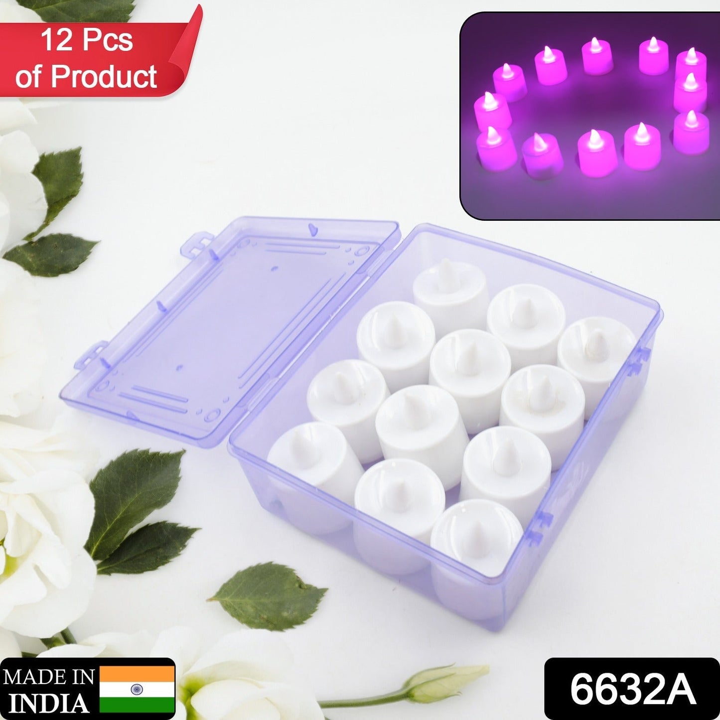 A Pink Flameless LED Tealights, Smokeless Plastic Decorative Candles - Led Tea Light Candle For Home Decoration (Pack Of 12pc) ( Diya , Divo , Diva , Deepak , Jyoti)