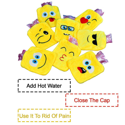 1pc Mix Emoji designs small Hot Water Bag with Cover for Pain Relief, Neck, Shoulder Pain and Hand, Feet Warmer, Menstrual Cramps.