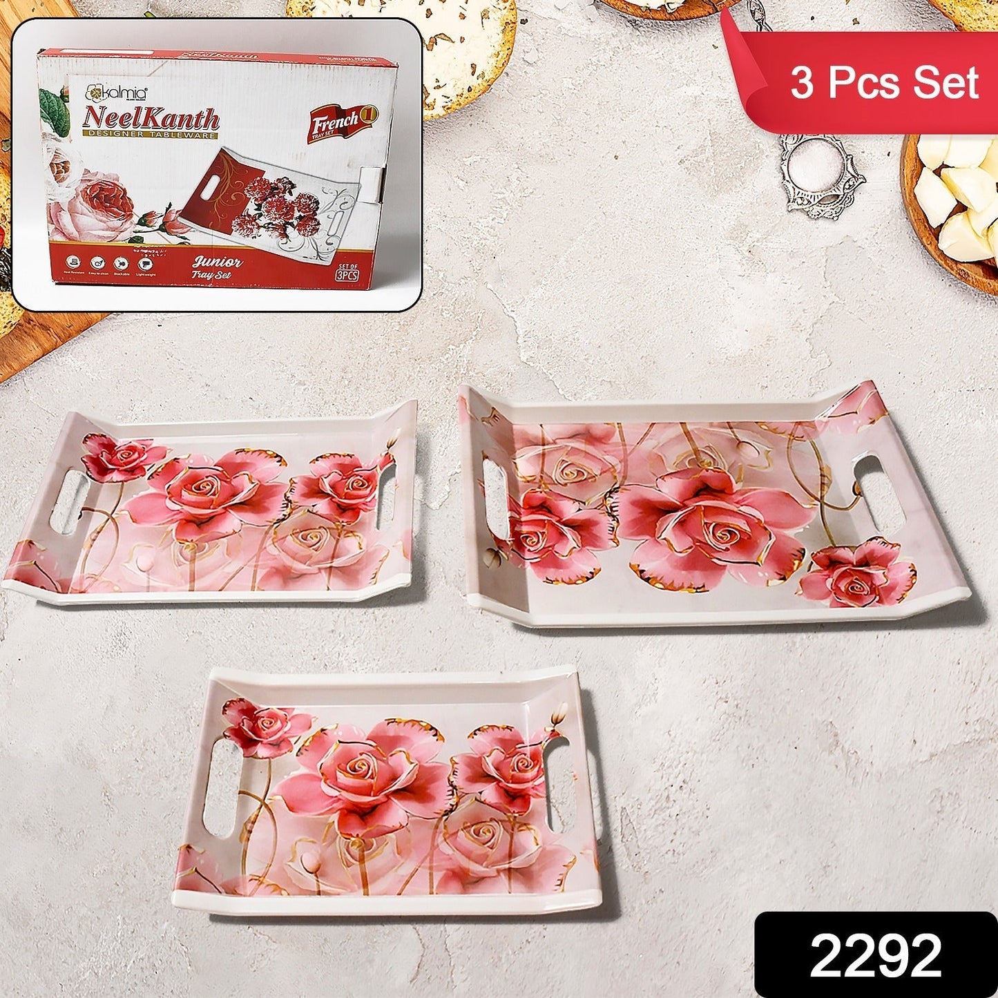 2292 Plastic Rectangular Shape Flower Printed Design Serving Tray 3 pcs Home and Kitchen Use (3 pcs set)