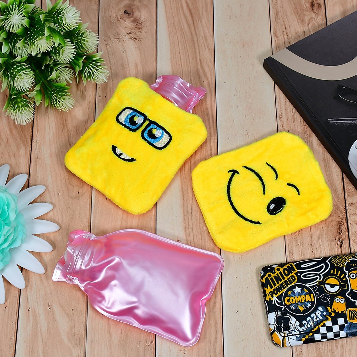 1pc Mix Emoji designs small Hot Water Bag with Cover for Pain Relief, Neck, Shoulder Pain and Hand, Feet Warmer, Menstrual Cramps.