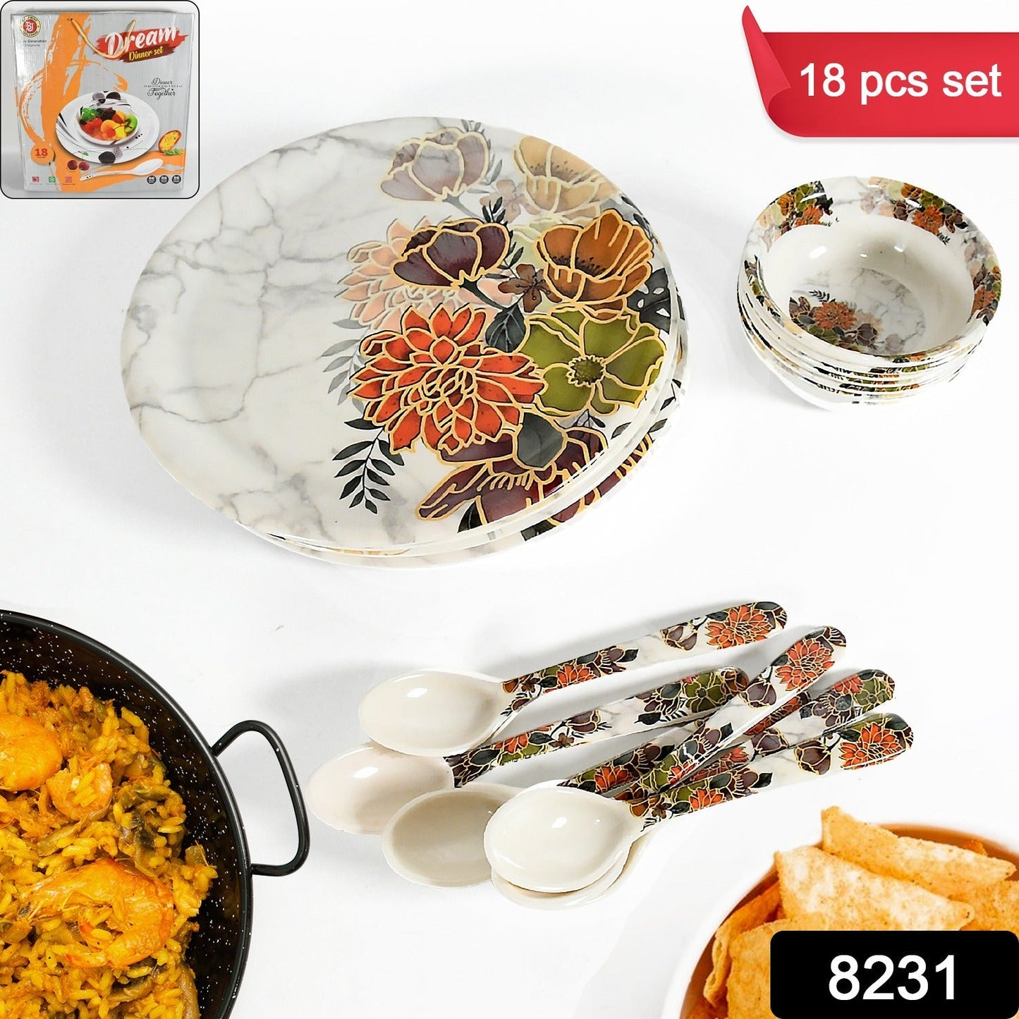 8231 Dream High Quality plastic Dinning Dinner set with Unique Flower Design Printed, 6 pc Plates, 6 pc Bowls and 6 pc Serving Spoon, Lightweight Round Plates and Bowls, Microwave, and Dishwasher Safe (18 Pcs set)