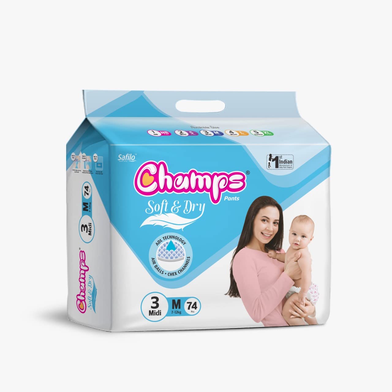 Champs Soft and Dry Baby Diaper Pants 74 Pcs (Medium Size  M74)