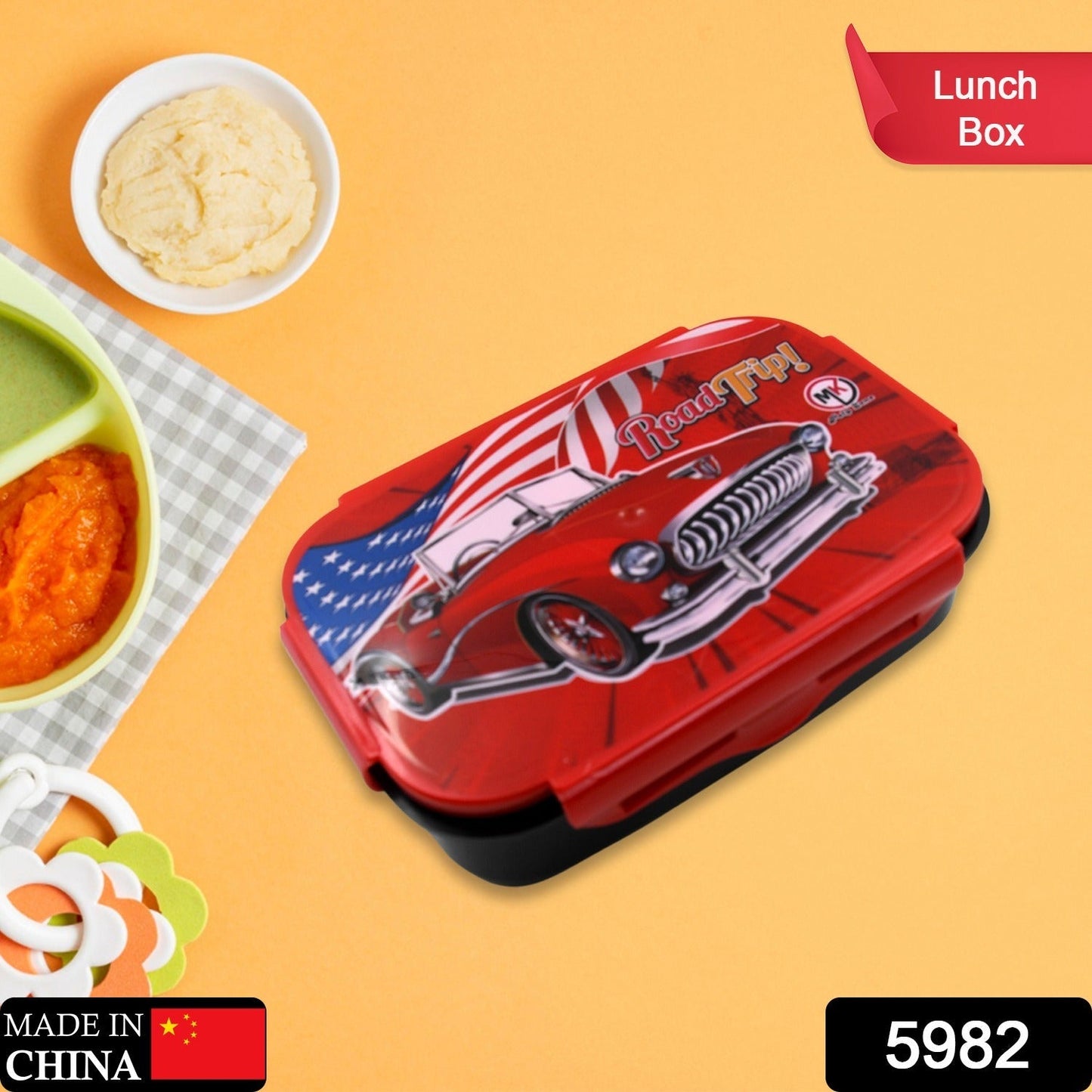 Beautiful Car Design Printed Plastic Lunch Box With Inside Small Box & Spoon for Kids, Air Tight Lunch Tiffin Box for Girls Boys, Food Container, Specially Designed for School Going Boys and Girls