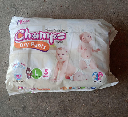 Baby Diaper High Absorbent Pant Diapers,  Champs Soft and Dry Baby Diaper Pants S 5 Pcs (Large , L5 Pieces)