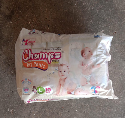 Large Champs Dry Pants Style Diaper- Large (10 pcs) Best for Travel  Absorption, Champs Baby Diapers, Champs Soft and Dry Baby Diaper Pants (L,10 Pcs )