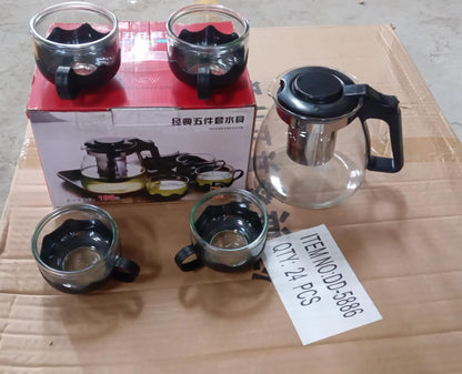 Flame Proof Glass Kettle & Cup  Set With Stainer High Quality Kettle Set For Home & Cafe Use  (4 Cup & 1 Kettle) (24 Pc Moq)