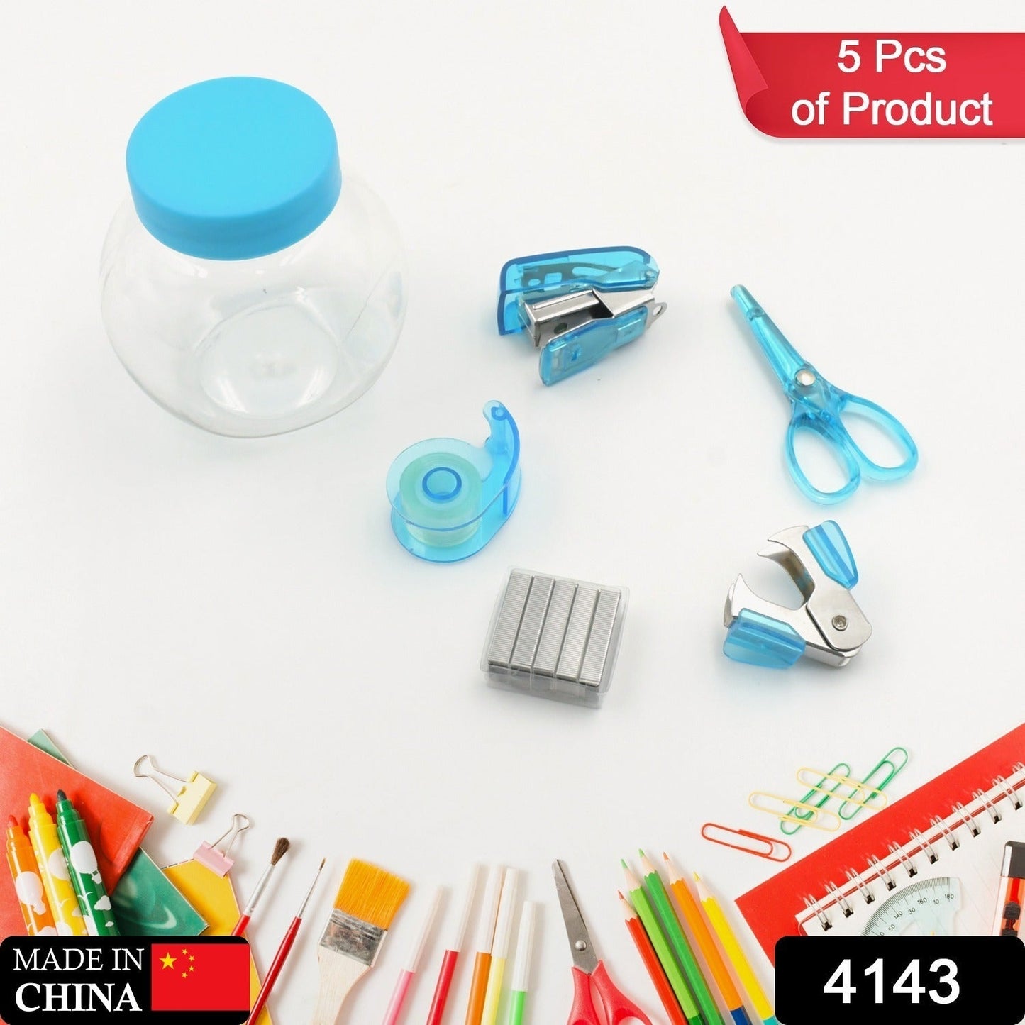 Mini Office Stationery Set, Including Stapler, Scissors, Paper Clips, Tape Dispenser, Transparent Tape, And Staples