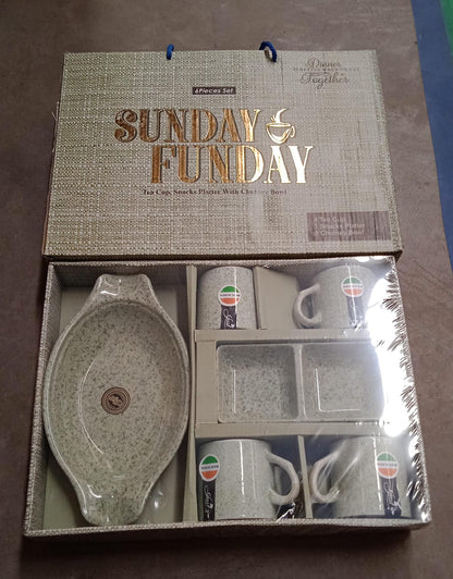 8240 Sunday Funday Ceramic Tea / cups / Mug With Plastic Snacks Platter and 2 compartment Chutney Bowl Milk Cup, Coffee Cup, Breakfast Cup, Drinking Mug or Outdoor for Household, Gift for Birthday, Wedding Party (6 Pcs set)