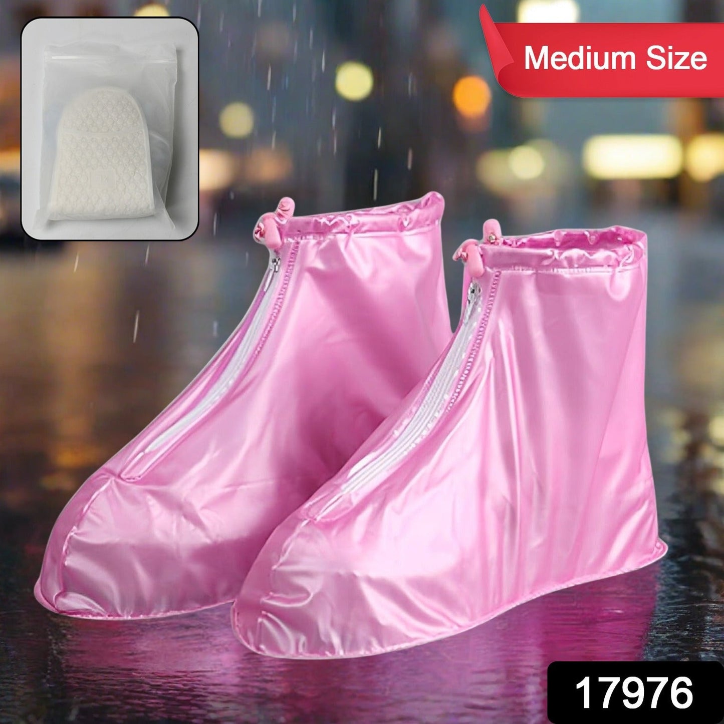 17976 Plastic Shoes Cover Reusable Anti-Slip Boots Zippered Overshoes Covers Transparent Waterproof Snow Rain Boots for Kids / Adult Shoes, for Rainy Season (1 Pair / Pink)