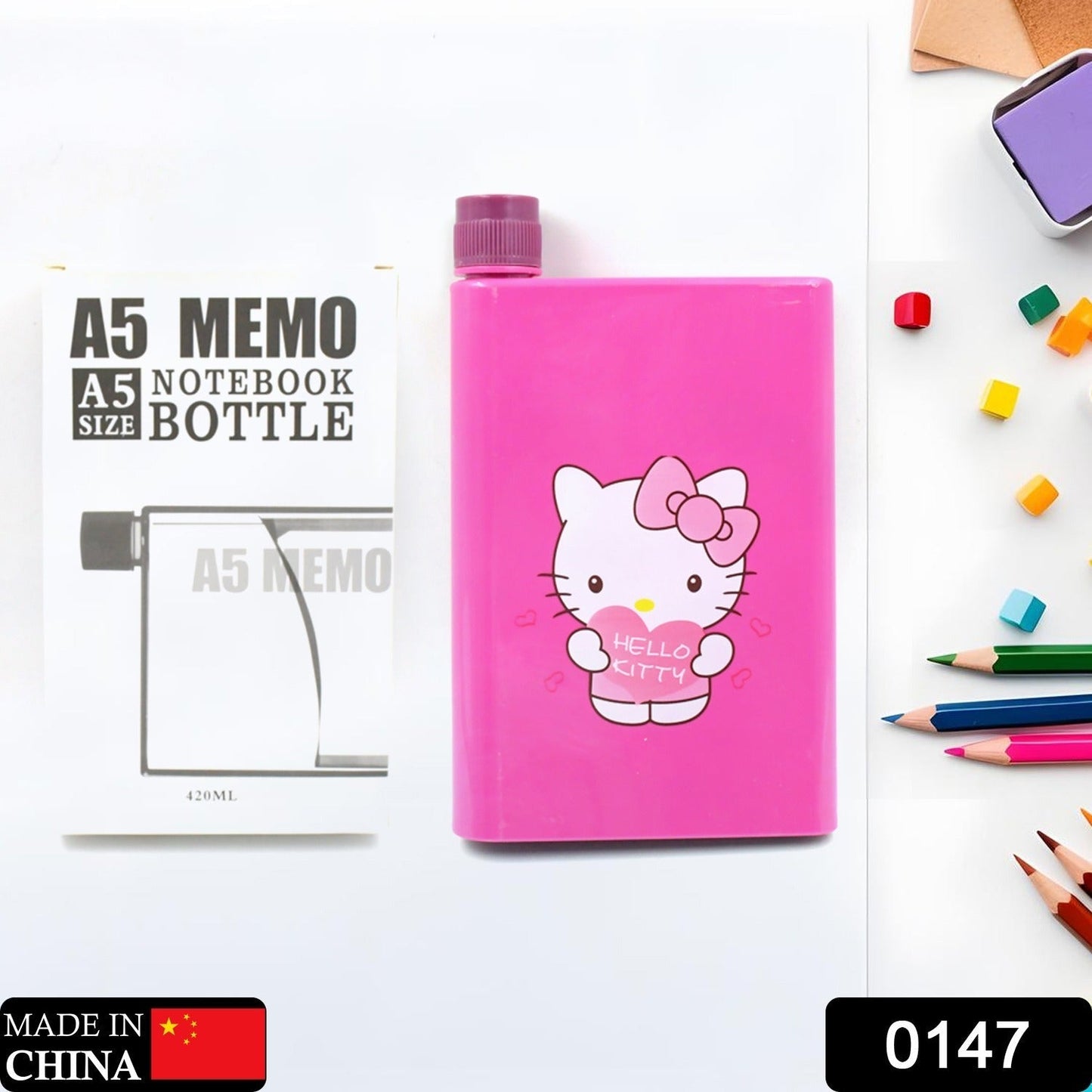 0147 Kitchen Storage A5 size Flat Portable NoteBook Shape Water Bottle With a Cartoon Character Design-Hello Kitty - For School Outdoors and Sports Return Gift/Birthday Gift (1 Pc 420ML)