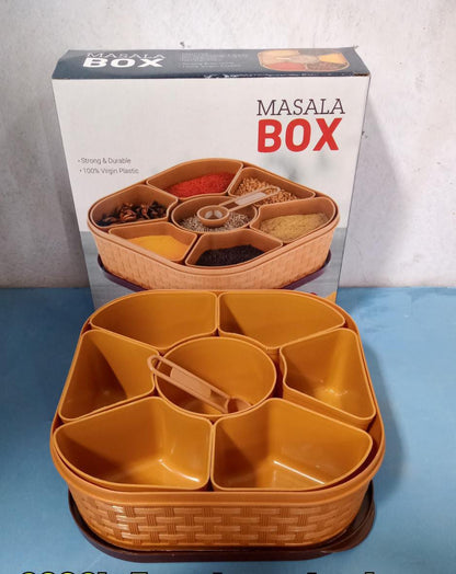 H Masala Box for Keeping Spices, Spice Box for Kitchen, Masala Container, Plastic Wooden Style, 7 Sections (Multi Color).