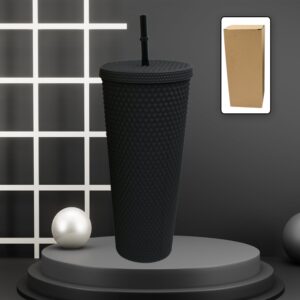 Cup with Straw Reusable Matte Studded Tumbler with Leak Proof Lid Water Cup Travel Mug Coffee Ice Water Bottle Double Walled Insulated Tumbler BPA Free (1 Pc / Mix Color)