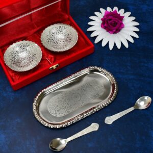 A Silver Plated 2 Bowl 2 Spoon Tray Set Brass with Red Velvet Gift Box Serving Dry Fruits Desserts Gift, Bartan