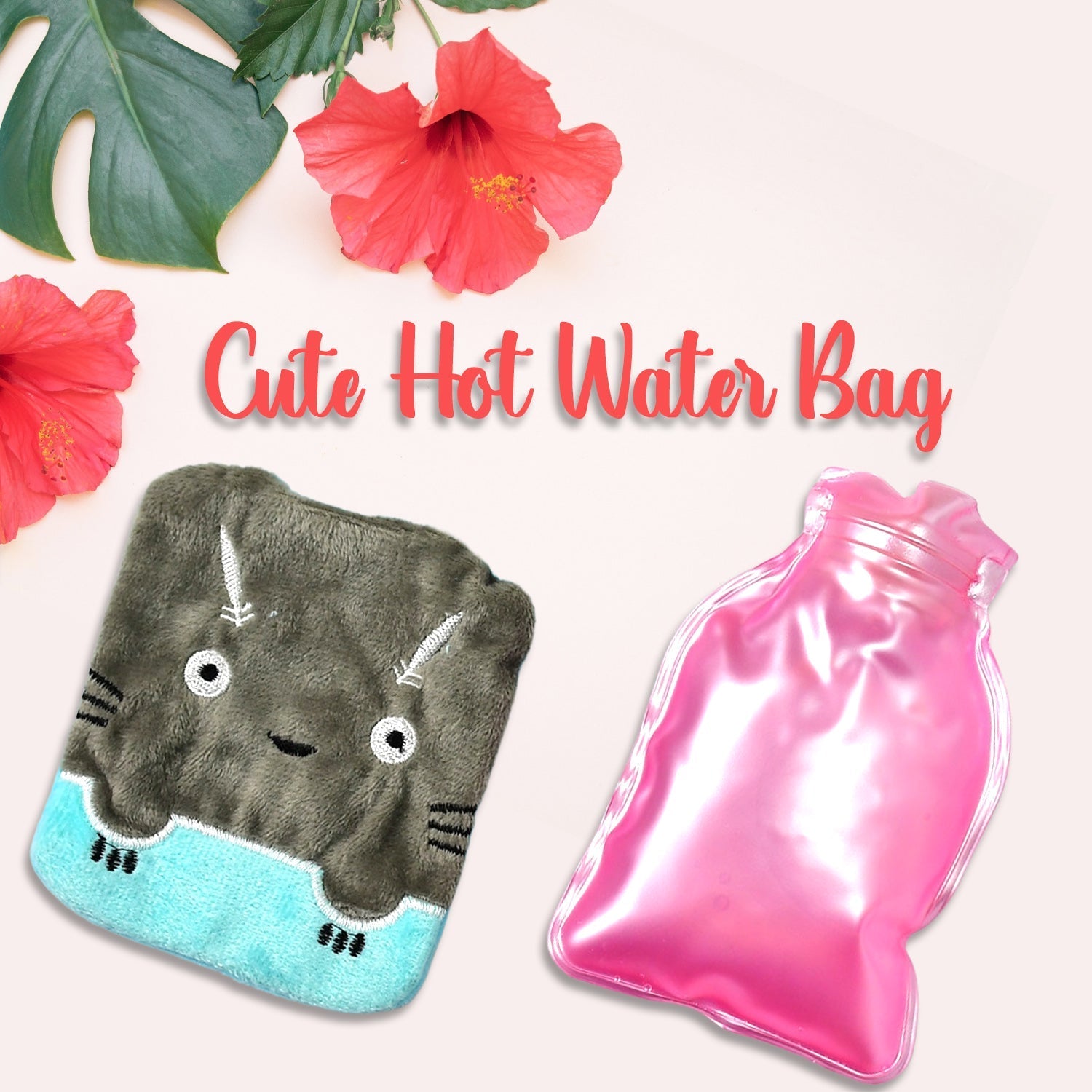 Grey Cat Print small Hot Water Bag with Cover for Pain Relief, Neck, Shoulder Pain and Hand, Feet Warmer, Menstrual Cramps.